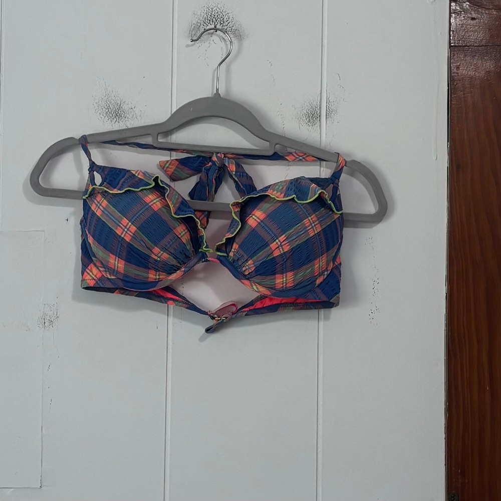 Y2K Victorias Secret Plaid Ruffle Bombshell Push Up Bikini Top Blue Pink 36C